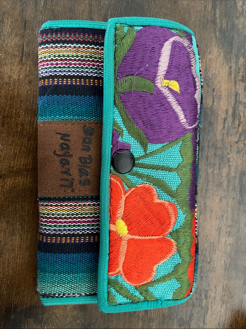 Hand-Embroidered Teal Floral Card & Key Holder